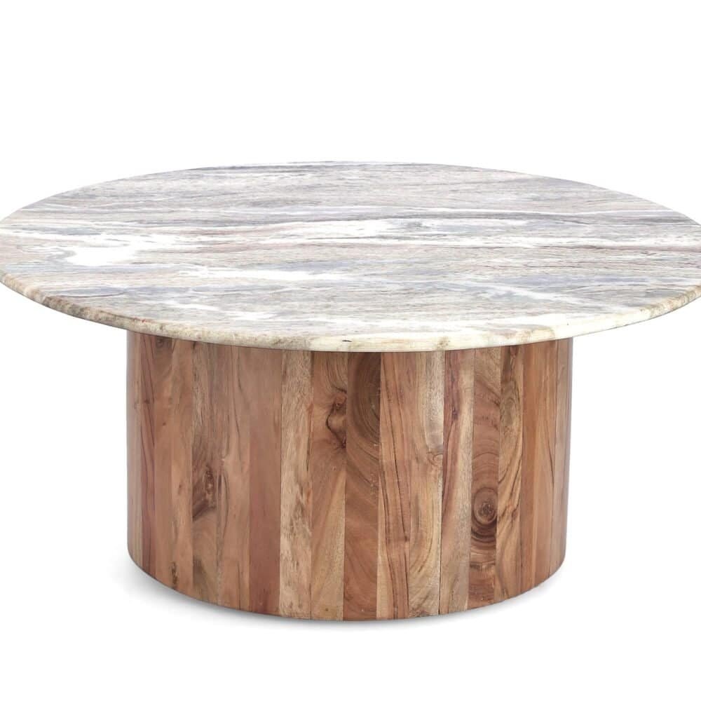 Tavolo rotondo in legno massello naturale, design elegante e resistente, ideale per soggiorno o giardino.