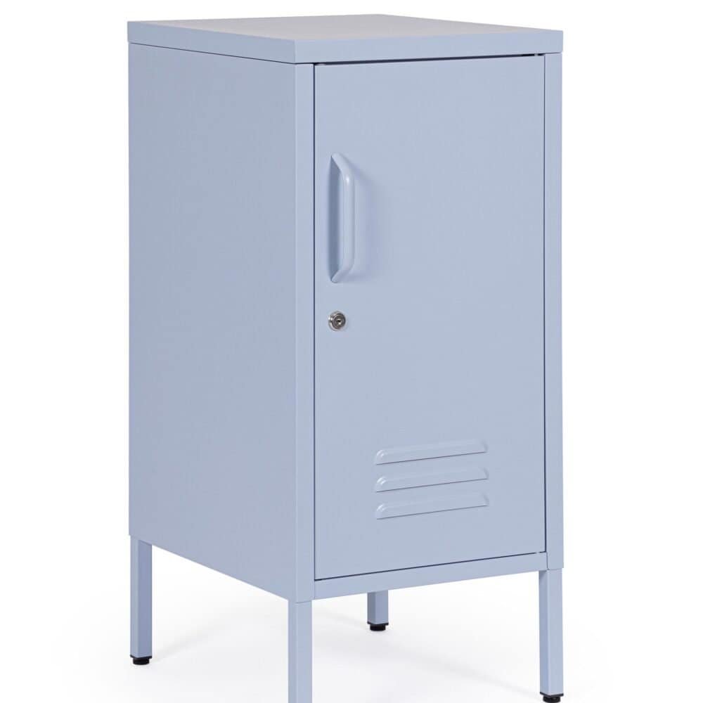 Armadio in metallo bianco con porta a battente e serratura sicura.