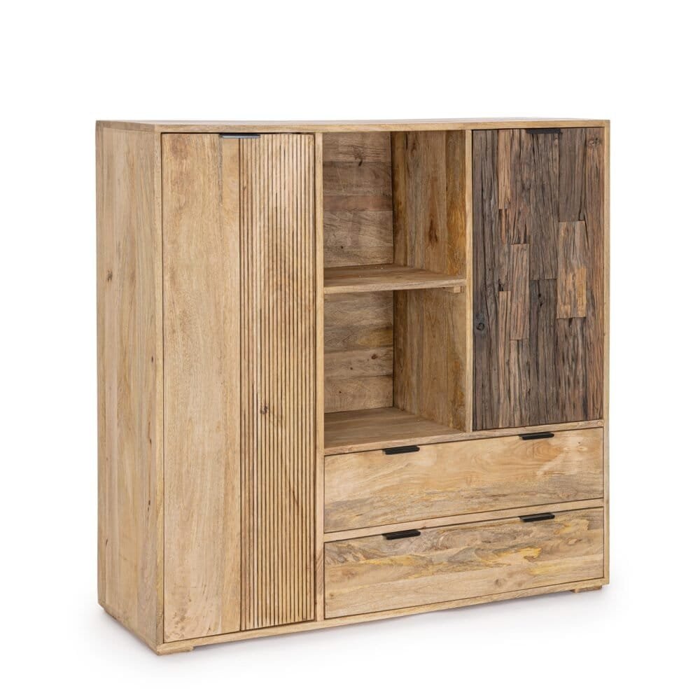 Mobile in legno naturale, arredo rustico, mobile soggiorno con spazio di stoccaggio.