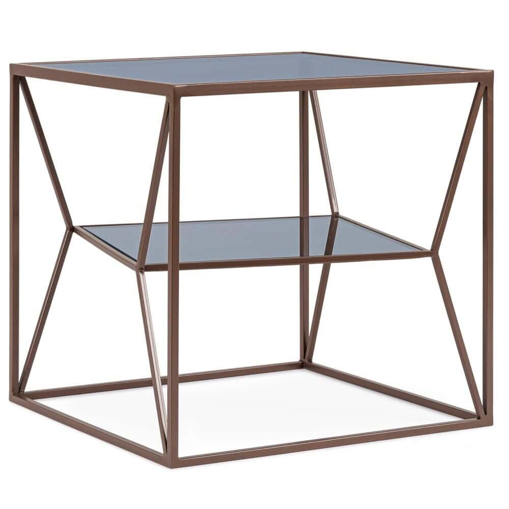 Tavolino moderno in metallo e vetro con design minimalista e strutture geometriche eleganti.