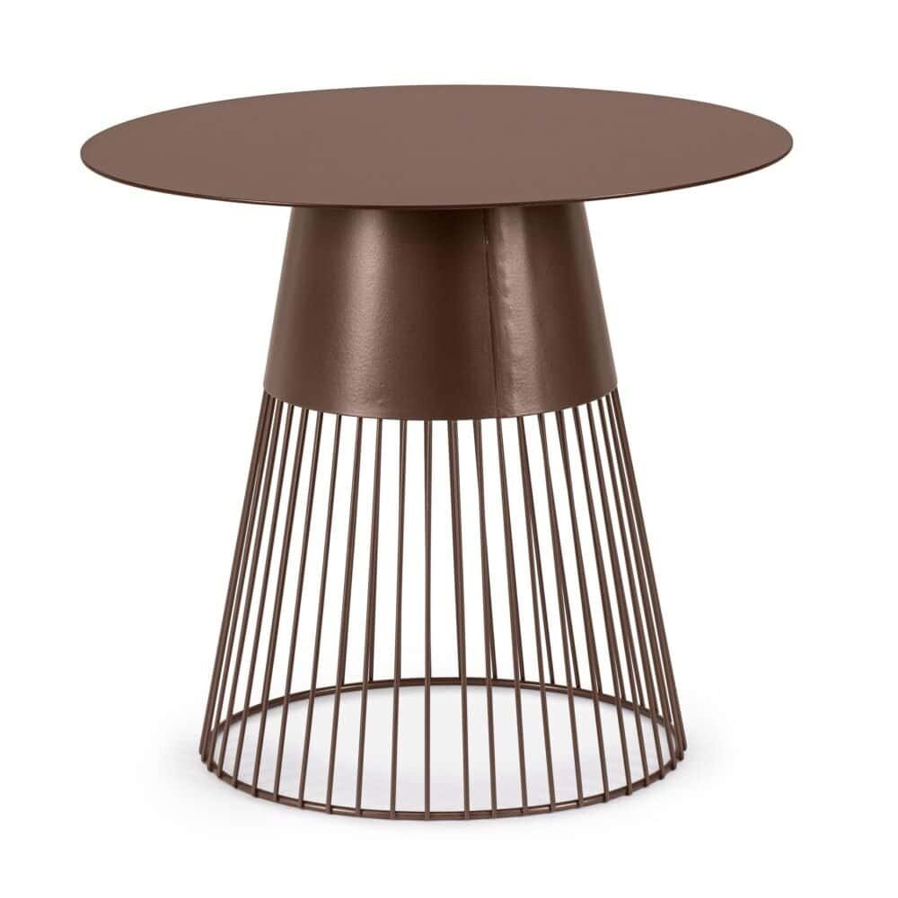 Tavolo moderno in metallo marrone, con base a ringhiera e piano rotondo, perfetto per ambienti eleganti.