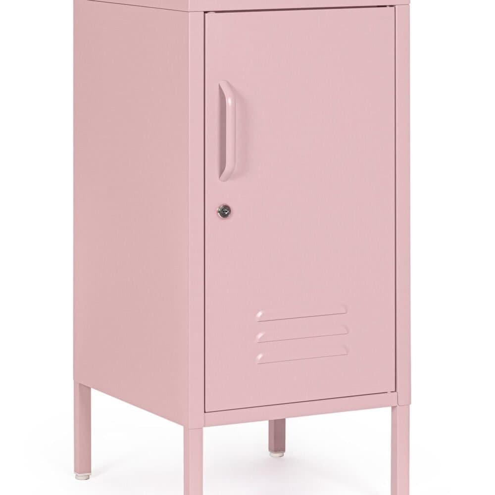 Armadio rosa metallico con chiusura a chiave, design minimalista, perfetto per spazi giovani e creativi.