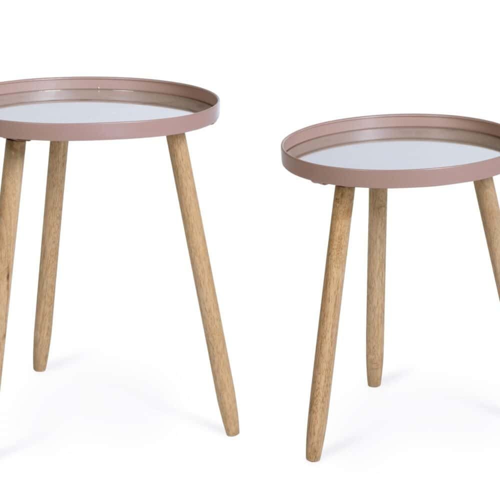 Tavolini decorativi con base in legno e piano rosa pastello, ideali per arredare con stile moderno e raffinato.