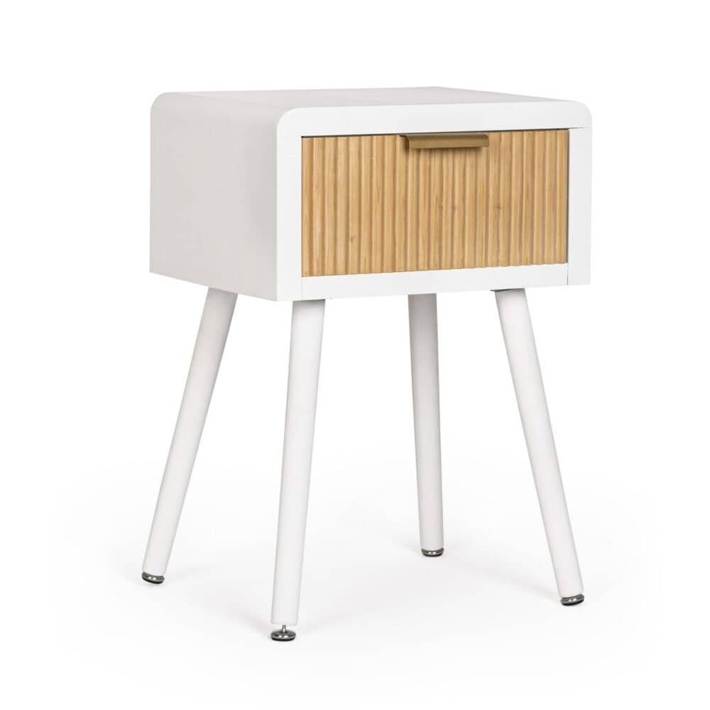 Comodino in legno e bianco con design minimalista, perfetto per arredi moderni e innovativi.