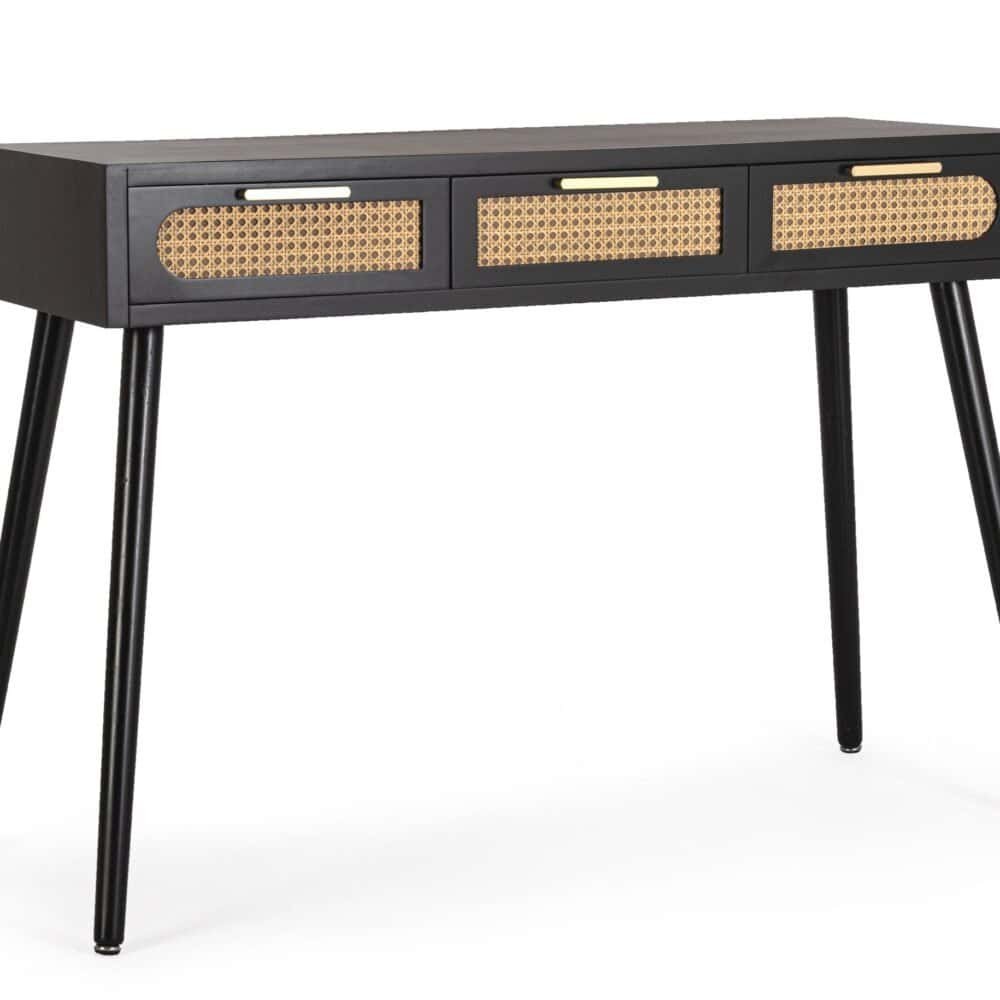 Tavolo moderno nero con cassetti in tessuto intrecciato, stile elegante e funzionale per arredare la casa.