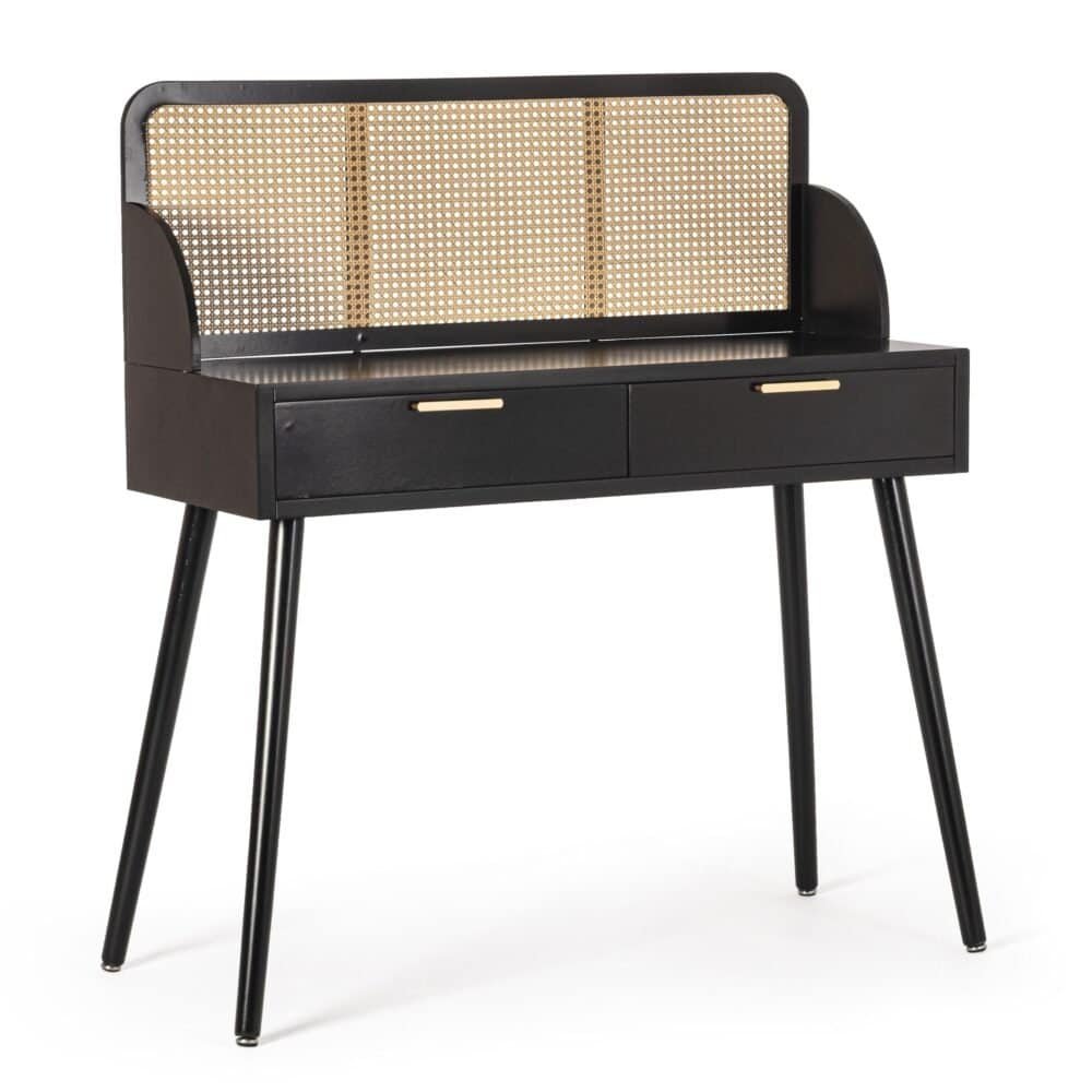 Scrivania vintage in legno nero con cassetti e schienale in rattan stile retrò.