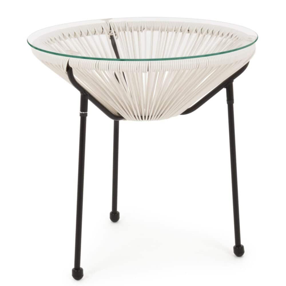 Vassoio moderno con base in metallo e bordo in vetro trasparente.