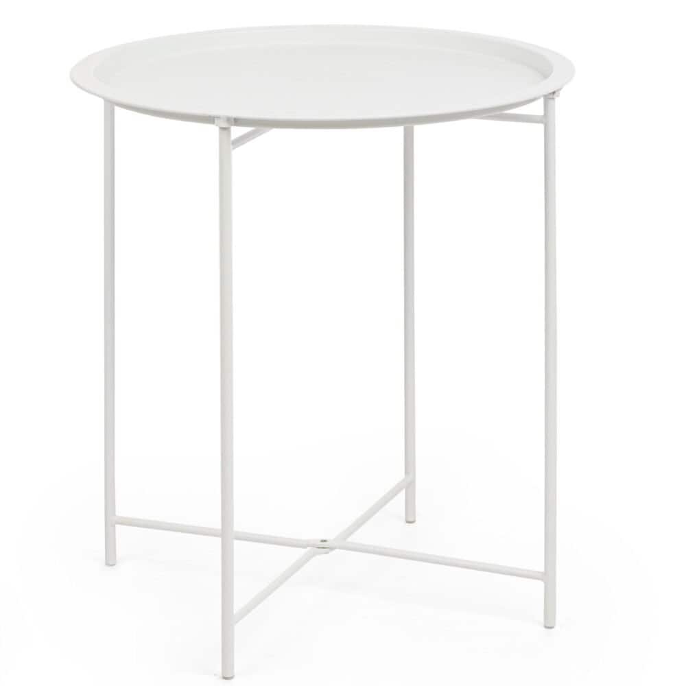 Tavolo rotondo bianco in metallo per interni ed esterni, design semplice ed elegante.