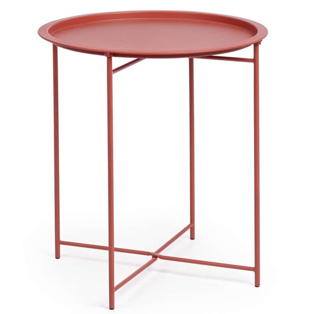 Tavolo design in metallo rosa con superficie rotonda e struttura leggera. Perfetto per interni moderni e ampi spazi di convivio.