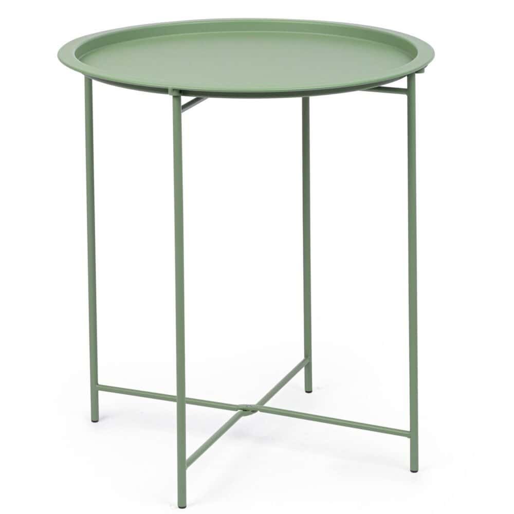 Tavolo verde in metallo, ideale per spazi esterni e interni, design moderno e resistente.