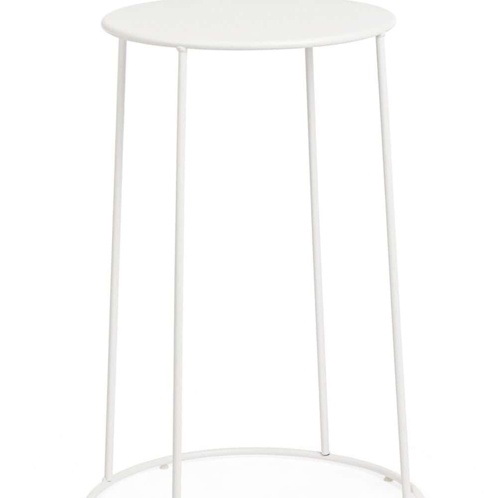 Tavolino bianco minimalista con struttura in metallo, perfetto per arredi contemporanei e salotti eleganti.