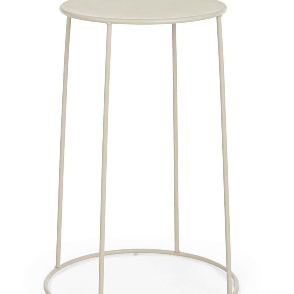 Alt text: Tavolo alto in stile shabby chic con struttura leggera e finitura bianca anticata.