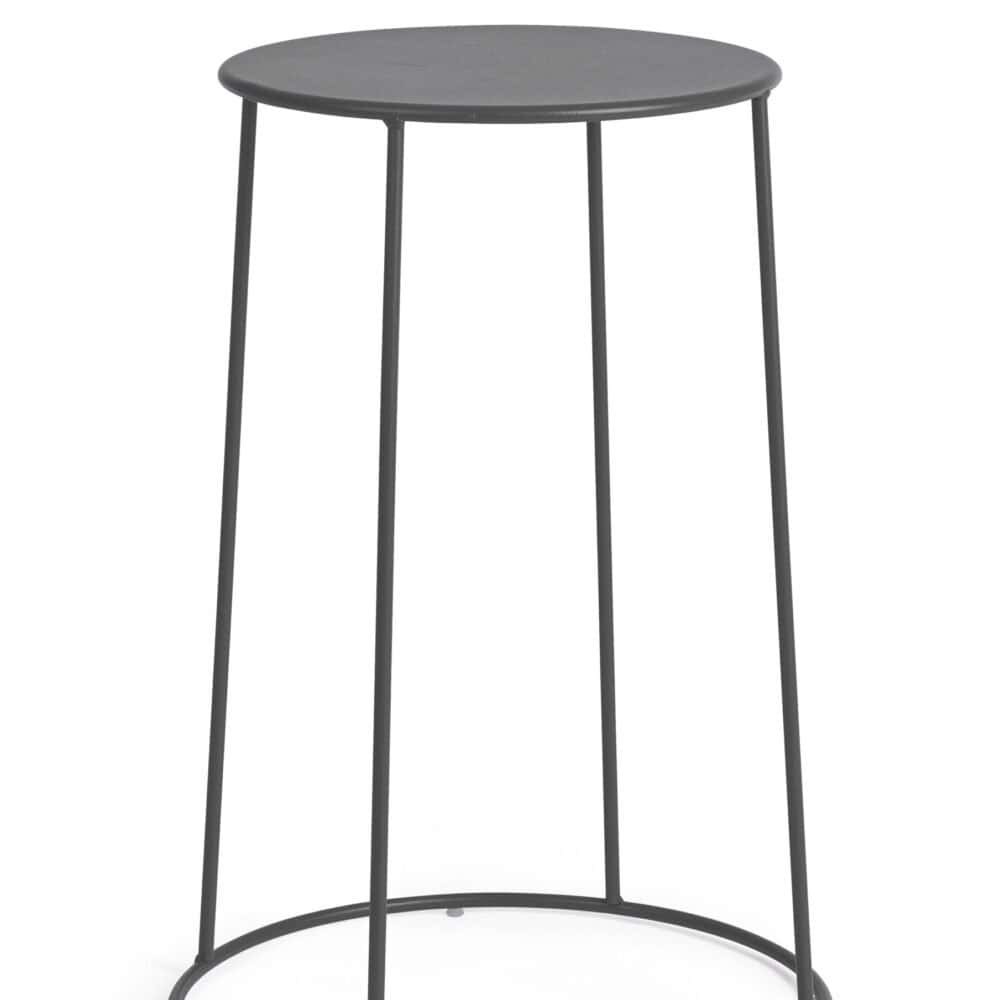 Alt text: Tavolino moderno in metallo nero con piano tondo e struttura sottile.