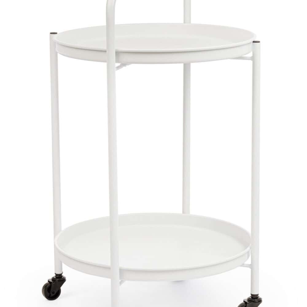 Carrello bianco con due piani circolari, ideale per interni eleganti e funzionali.