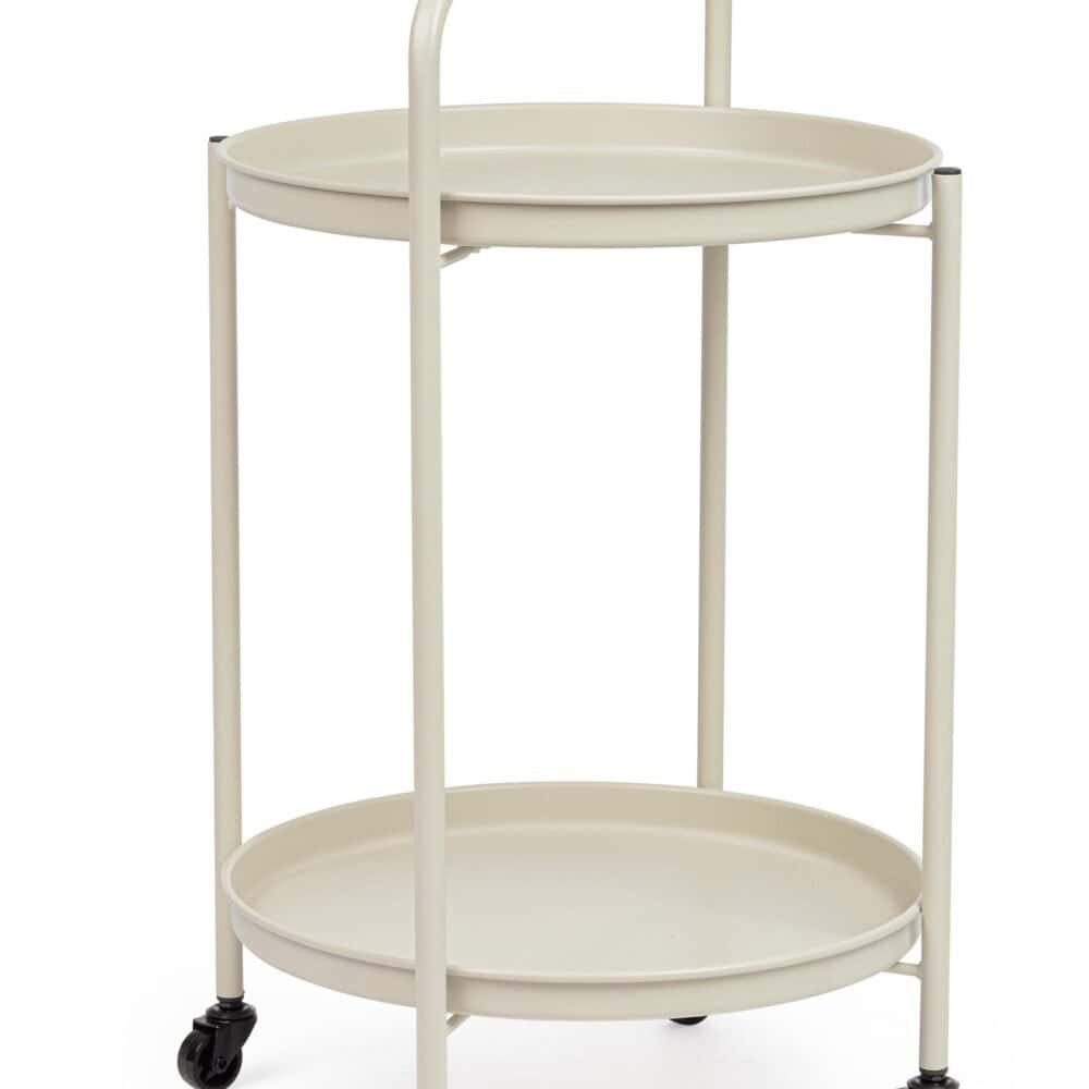 Carrello decorativo con due ripiani, ideale per cucina e sala. Design moderno e ruote per facile spostamento.