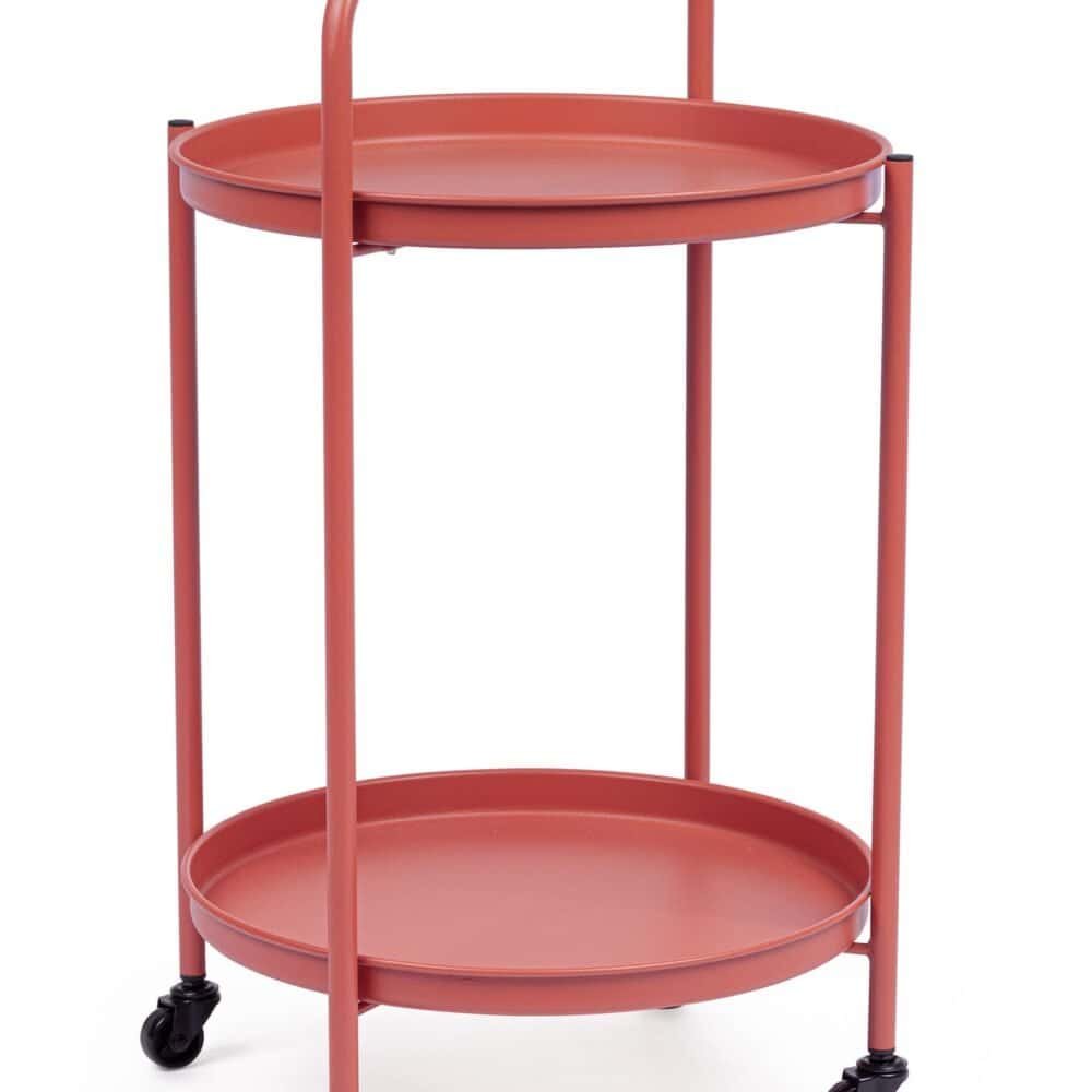 Carrello bar in metallo rosa con doppio piano e ruote piroettanti per facilità di movimento.