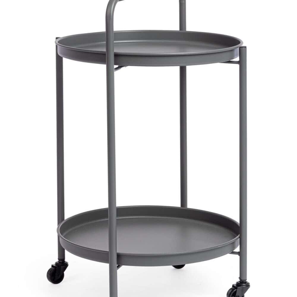 Carrello tondo in metallo grigio con due piani, ideale per uso domestico ed espositivo.