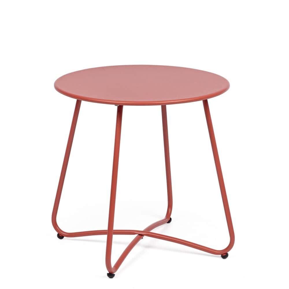 Tavolo rotondo rosa con struttura in metallo, stile elegante e minimalista, ideale per garage, salotti o giardini.