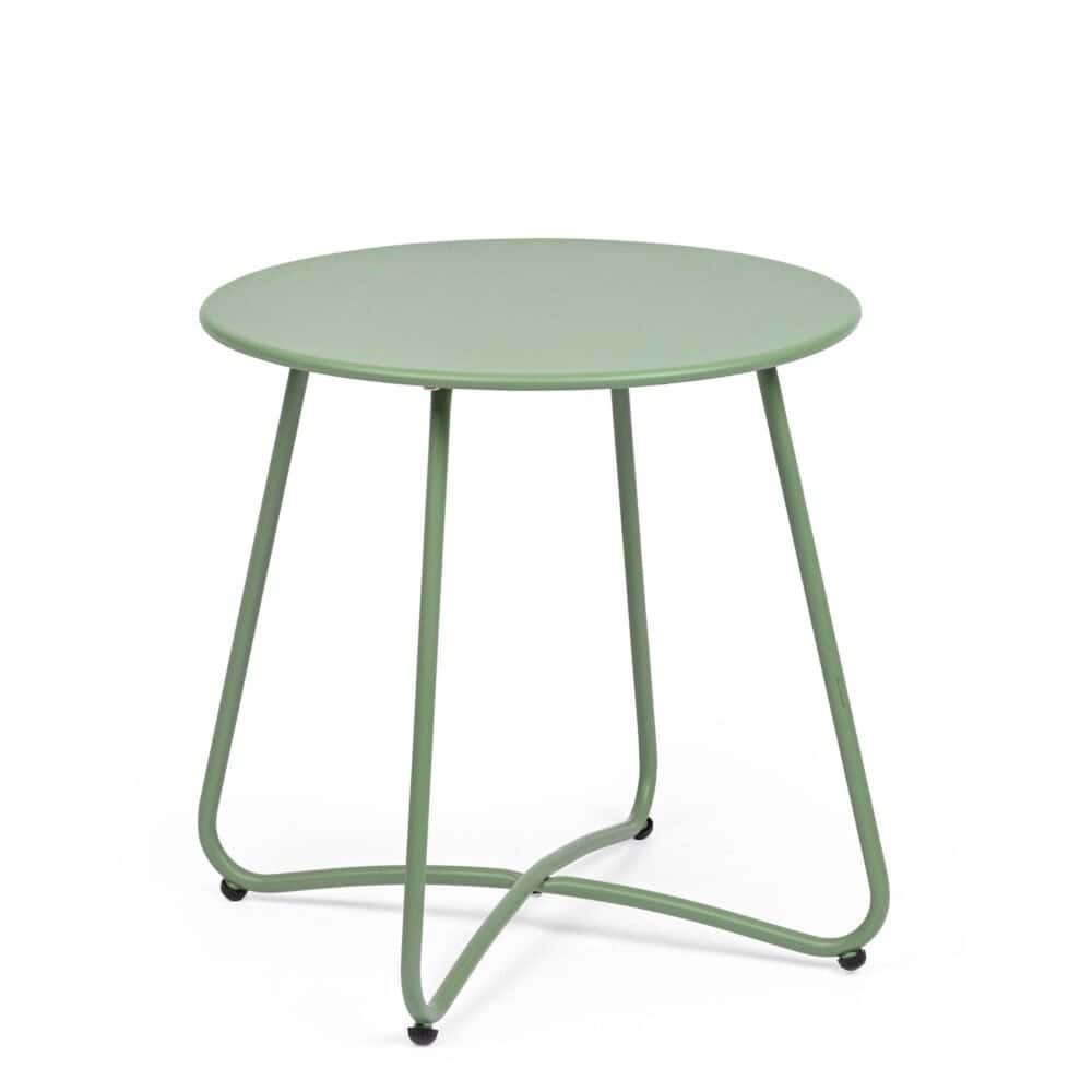 Tavolino da caffè moderno verde pastello con struttura in metallo, perfetto per interni eleganti.