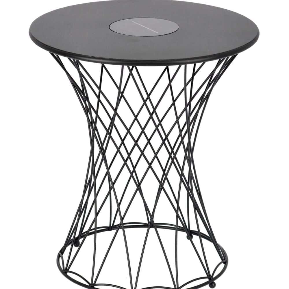 Tavolo moderno in metallo nero con base a rete e piano in vetro circolare artistico.