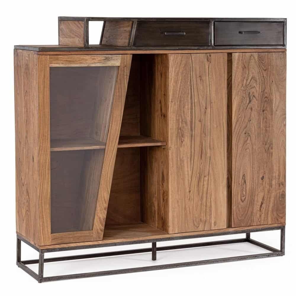 Comò in legno con porta in vetro e cassetti in stile moderno e raffinato.