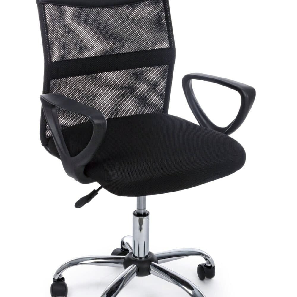 Sedia da scrivania nera con supporto traspirante e rotelle, ideale per il comfort in ufficio.