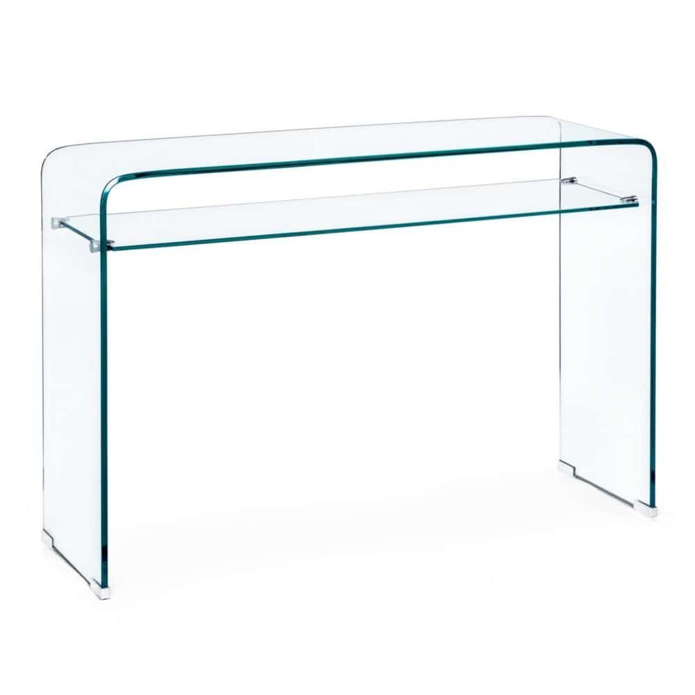 Vetrina di vetro trasparente con supporto in vetro per esposizioni di design moderno.