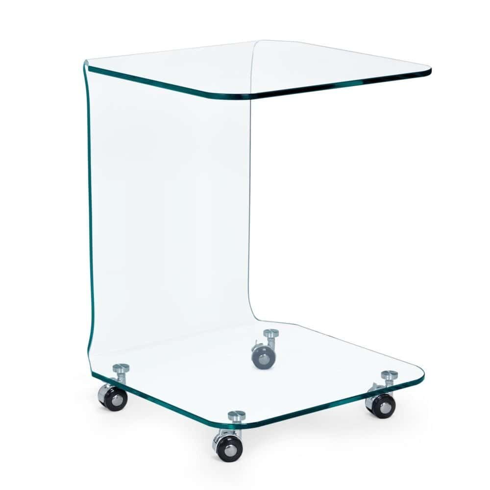 Vetrina moderna in vetro con rotelle per esposizione e facilità di movimento.