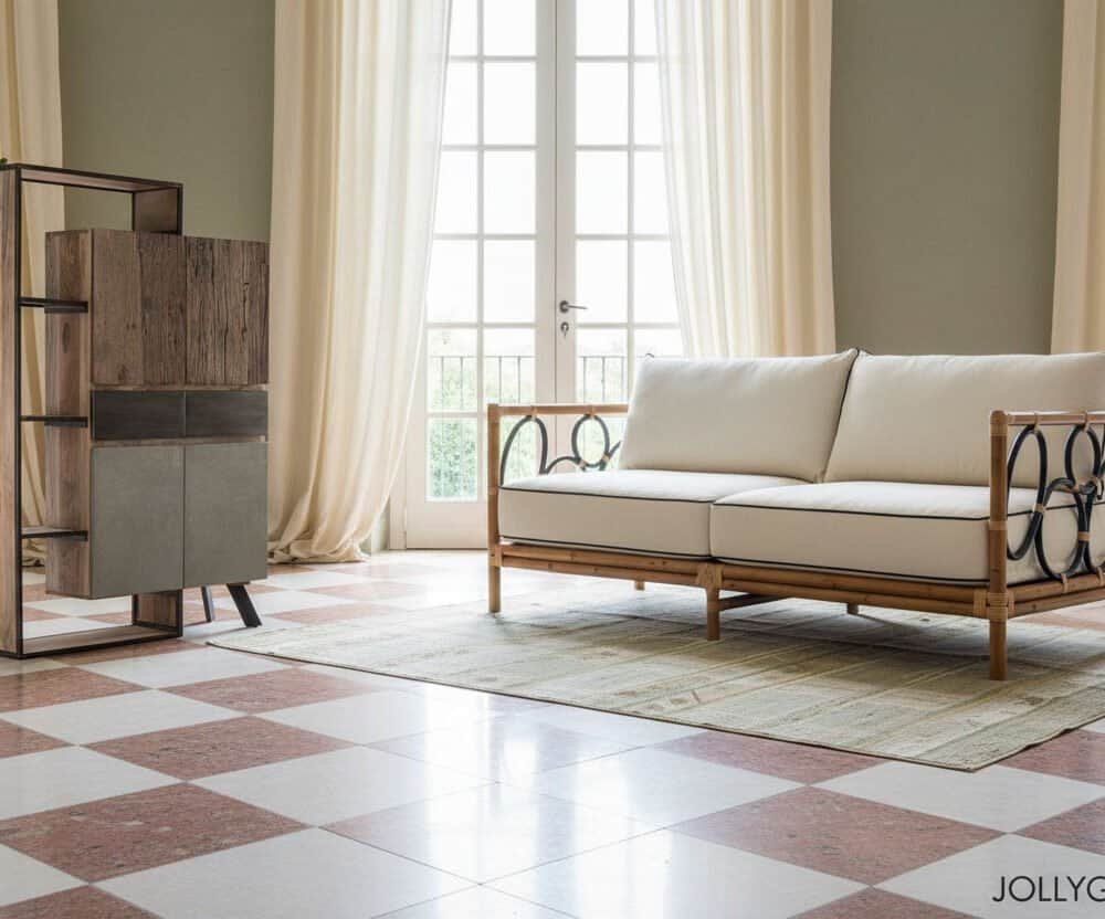 Soggiorno moderno con divano bianco e mobili in legno, ambiente luminoso e elegante.