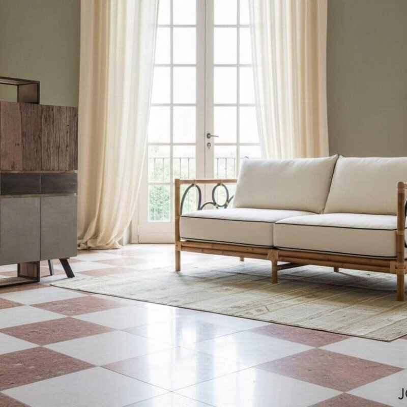 Soggiorno moderno con divano bianco e mobili in legno, ambiente luminoso e elegante.