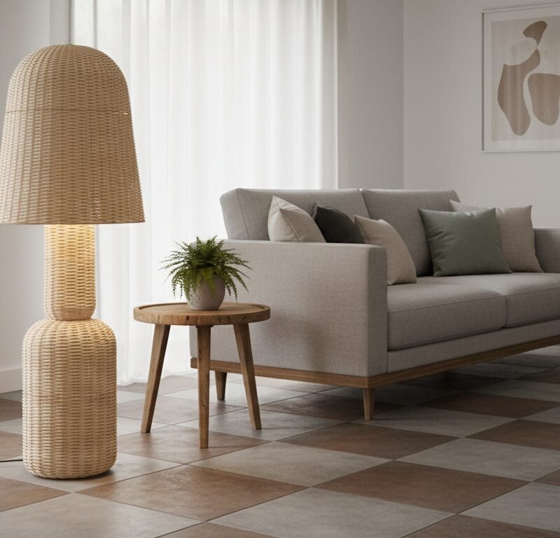 Modern living room with a beige sofa, round wooden side table, and a tall woven wicker lamp beside a potted plant on a tiled floor.