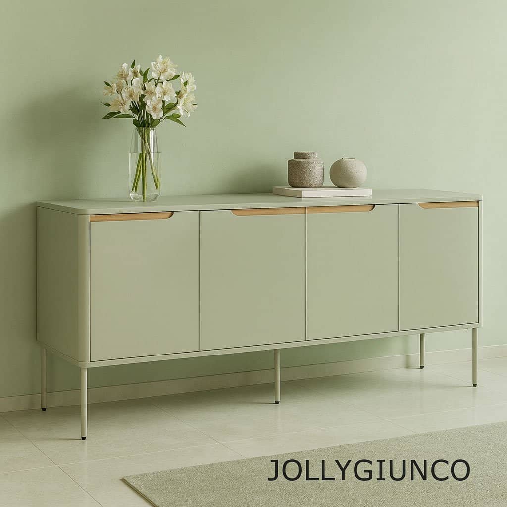 Elegante buffet verde salvia, arredamento moderno per soggiorno, design minimale, mobili di alta qualità. - JOLLYGIUNCO Mobili salvaspazio moderni in verde salvia con dettagli in legno, ideale per ambienti eleganti e funzionali.