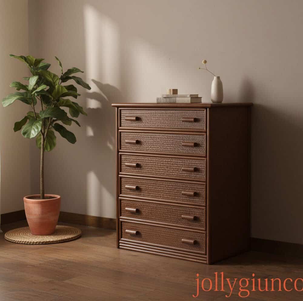 Cassettiera in rattan naturale con design elegante e funzionale.