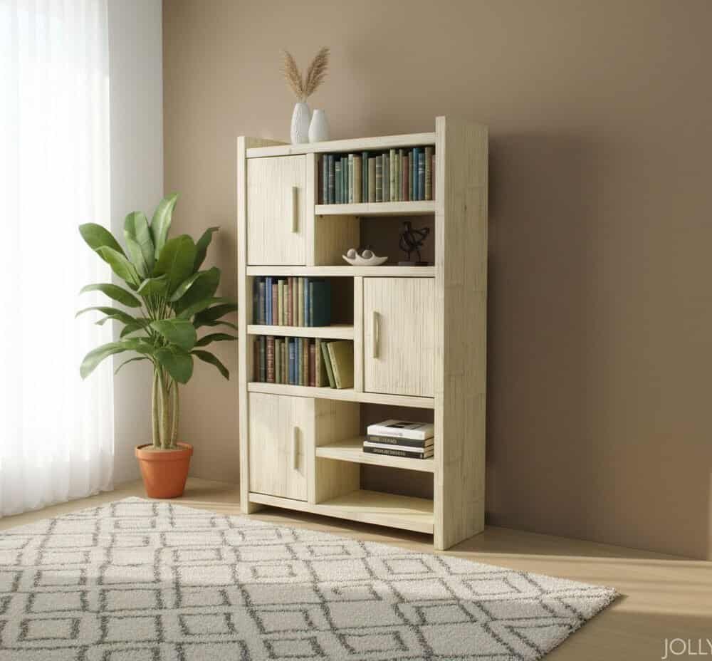 Alt text: Mobiletto in legno chiaro con scaffali e ante, decorato con libri, nel salotto luminoso.