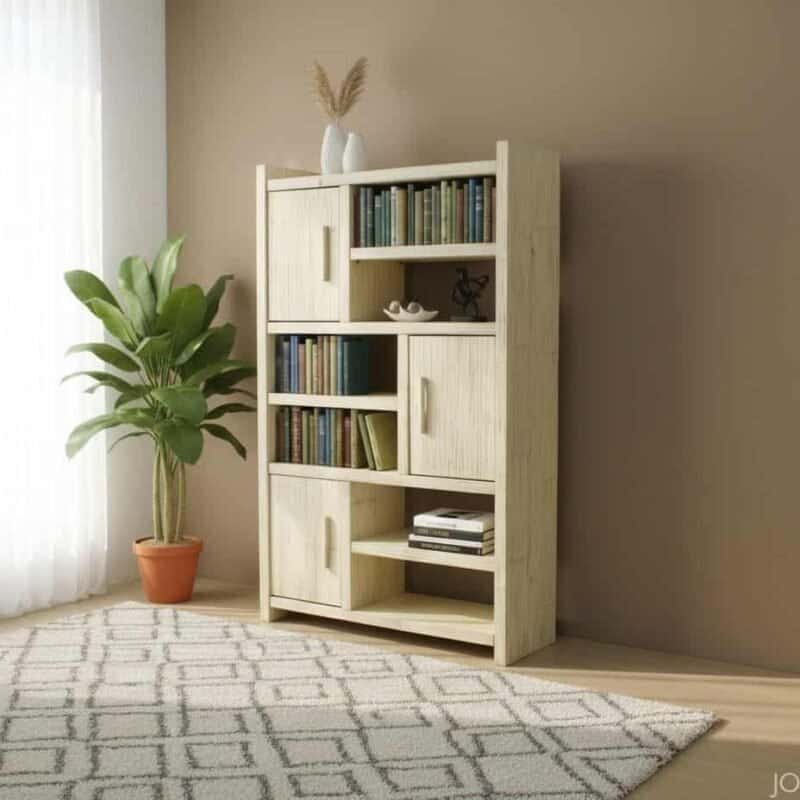 Alt text: Mobiletto in legno chiaro con scaffali e ante, decorato con libri, nel salotto luminoso.