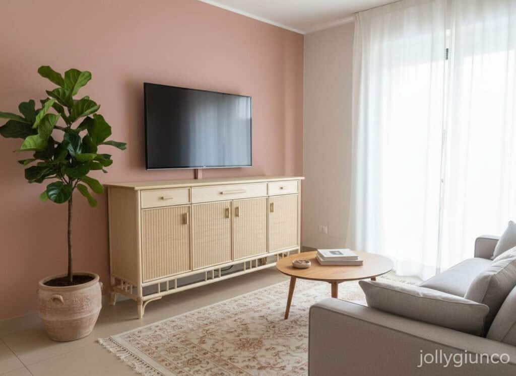 Elegante soggiorno moderno. - JOLLYGIUNCO Planta verde e TV in soggiorno luminoso.