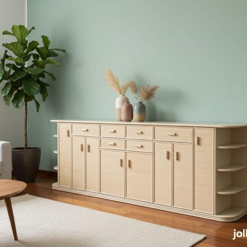 Comò moderno in legno chiaro. - JOLLYGIUNCO Comò in legno naturale con ante e cassetti, arredo elegante e funzionale per soggiorno.