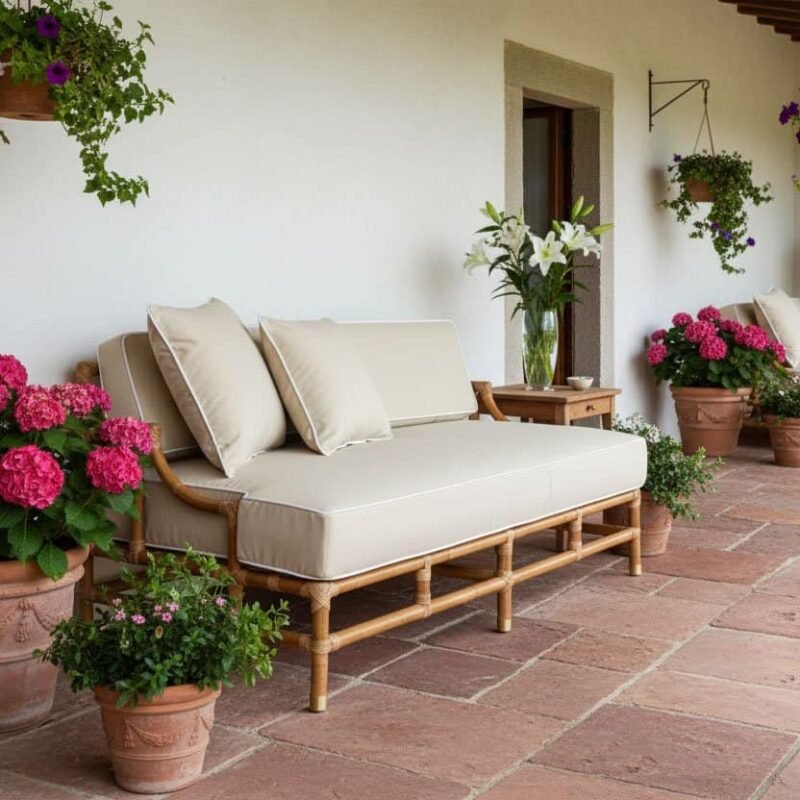 Relaxing patio con fiori. - JOLLYGIUNCO Immagine di una terrazza decorata con panchine di vimini, fiori di petunie e gerbere, ambiente accogliente e naturale.