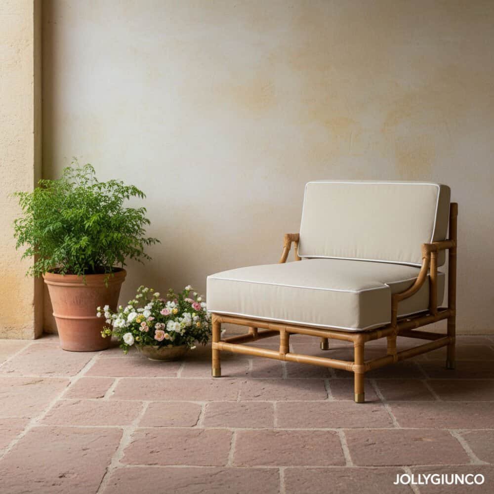 Panchina da esterno in rattan con cuscino beige, arredamento elegante per terrazzi e giardini, comfort e stile naturale.