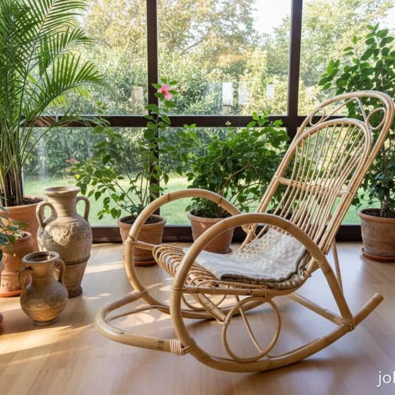 Sedia a dondolo in vimini con piante ornamentali in un'ampia veranda soleggiata. - JOLLYGIUNCO Sedia a dondolo in vimini con piante ornamentali in veranda soleggiata e vista verde.