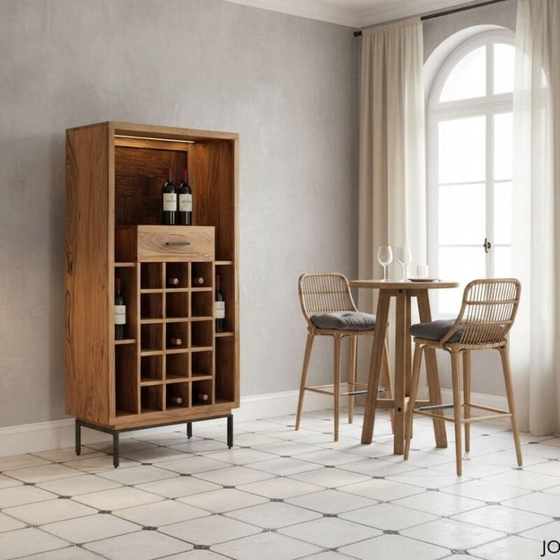 Vetrina in legno con spazio per vini e bicchieri, zona lounge accogliente con tende e finestra ampia.