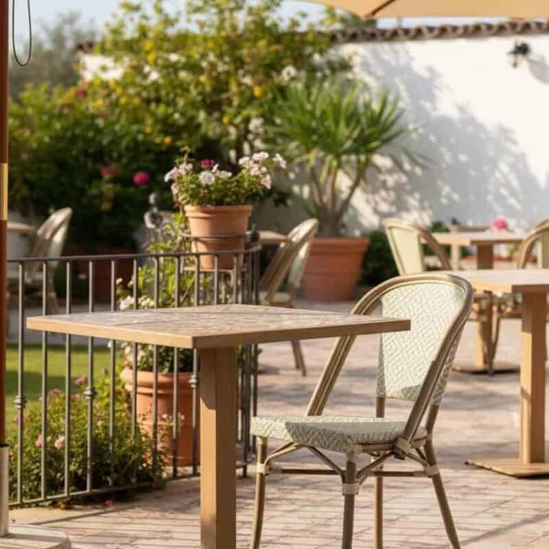 Ottima sedia da esterno, tavolo in legno e ombrelloni per ambienti all'aperto.