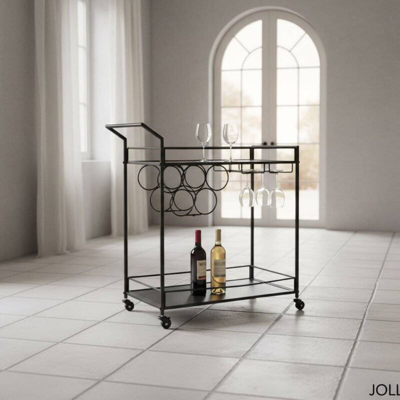 Vassoio portabottiglie con bicchieri in ambiente luminoso e elegante.