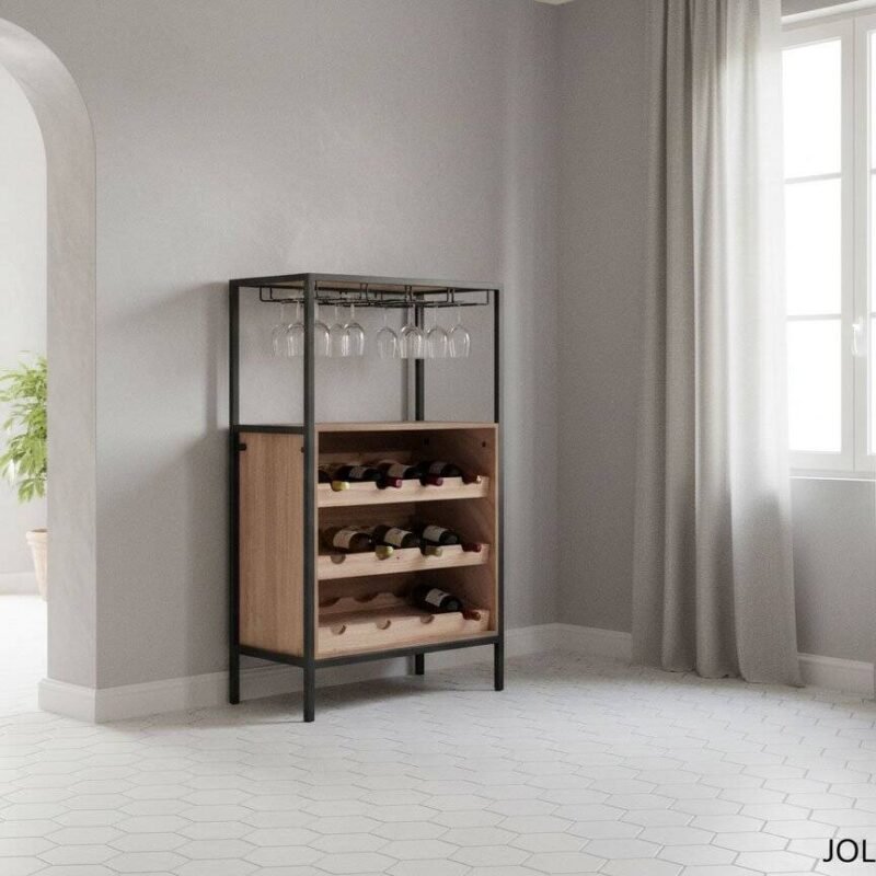 Elegante mobile porta vino con scaffale in legno e struttura metallica, stile moderno.