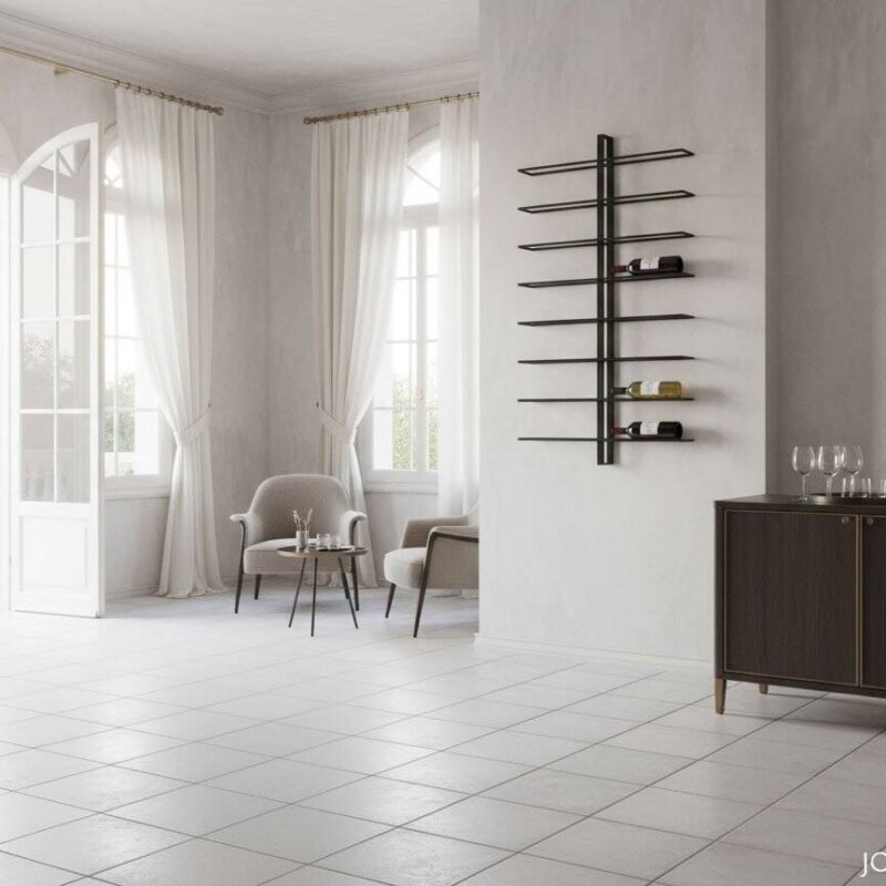 Una stanza luminosa e elegante con grandi finestre e arredi moderni, stile minimalista.