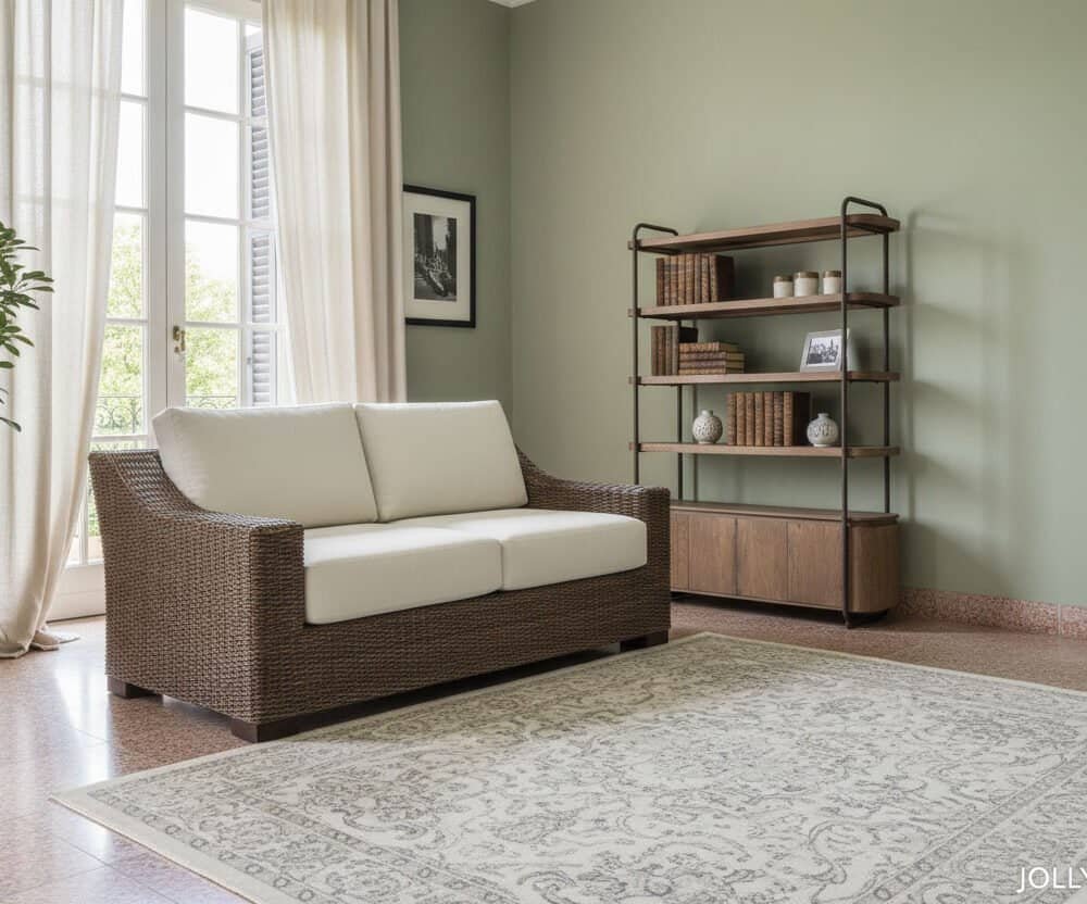 Soggiorno con divano in rattan e libreria in legno, ambiente accogliente e luminoso.