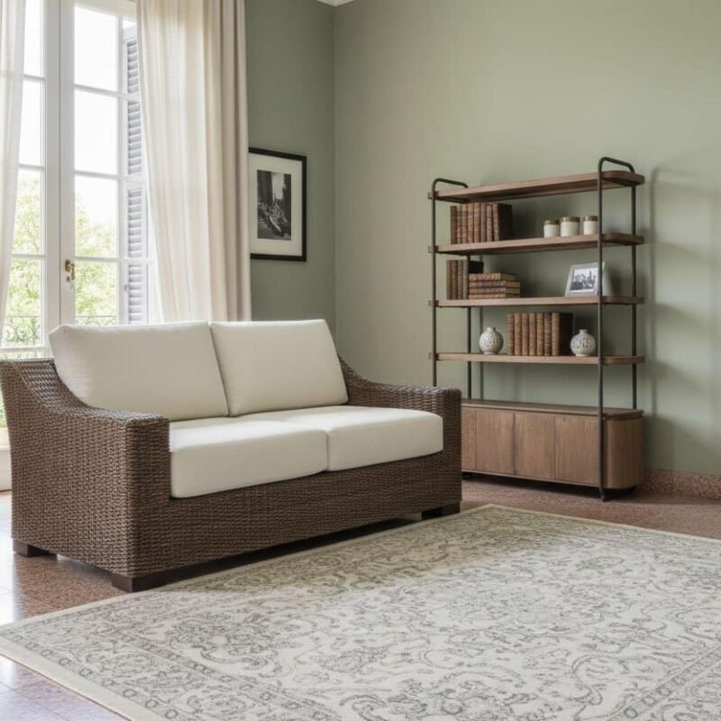 Soggiorno con divano in rattan e libreria in legno, ambiente accogliente e luminoso.