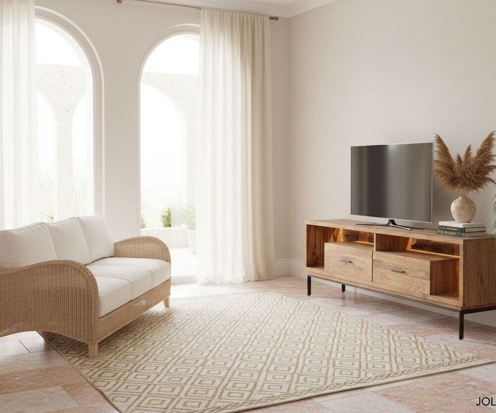 Porta TV mobile in legno con spazio per TV e accessori, design moderno e funzionale.