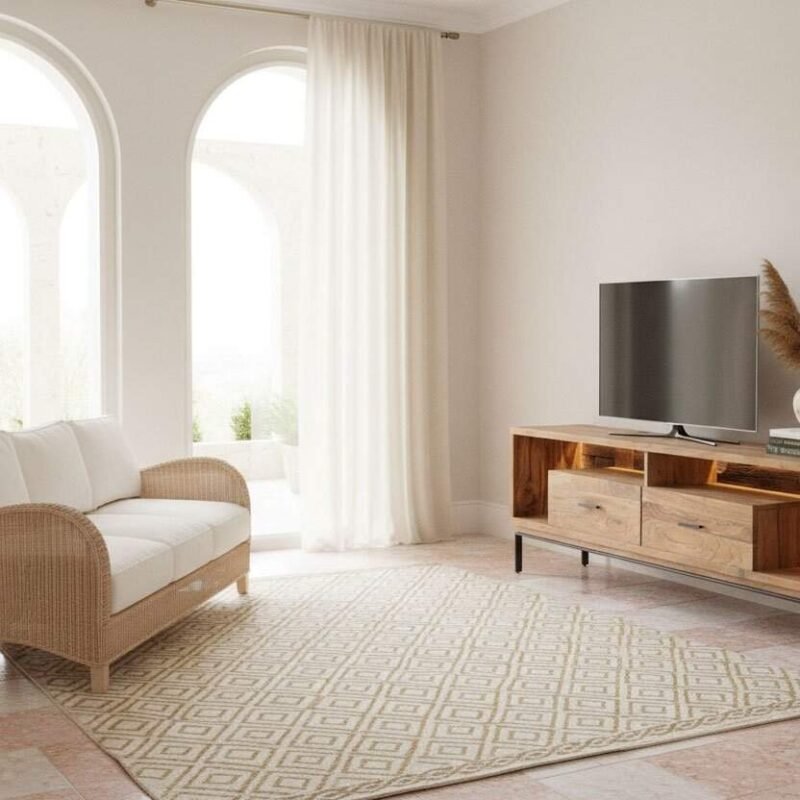 Porta TV mobile in legno con spazio per TV e accessori, design moderno e funzionale.