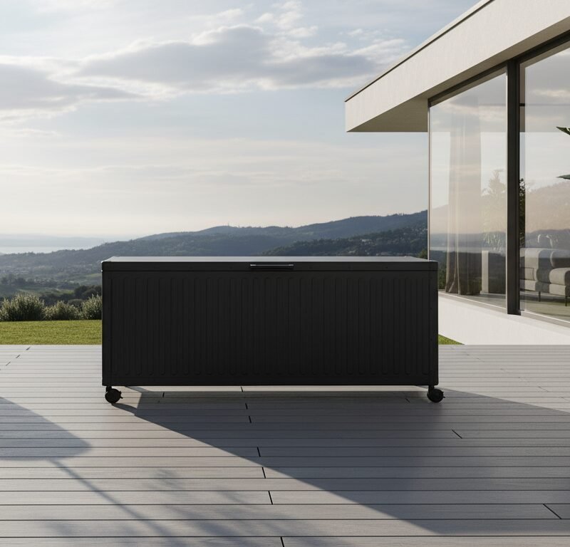 Black outdoor storage chest on wheels sits on a gray wooden deck, with potted olive tree and a tall plant, and a modern glass-front house overlooking hills.